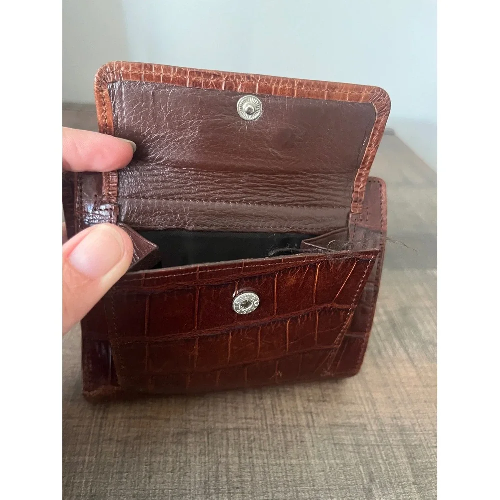 Brighton Cognac Brown Croc Embossed Leather Bifold Wallet Silver Hardware VTG